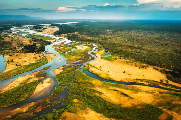 Aerial View over the Zambezi River, Zambia The banks of the Lower Zambezi, Africa zambia stock pictures, royalty-free photos & images