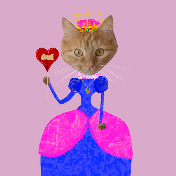 Creative cartoon dress on cat ginger cat with crown holding heart-shaped lollipop on pink background. Vaporwave style concept