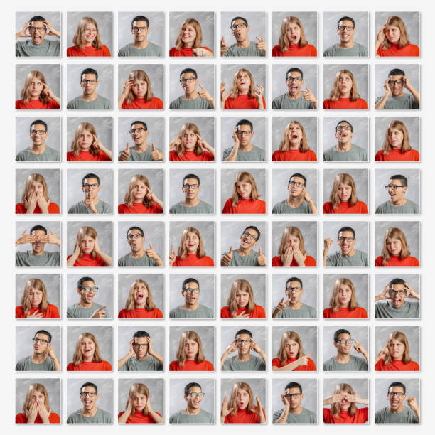 istock Young couple variation of emotions portrait in studio collage 1135793238
