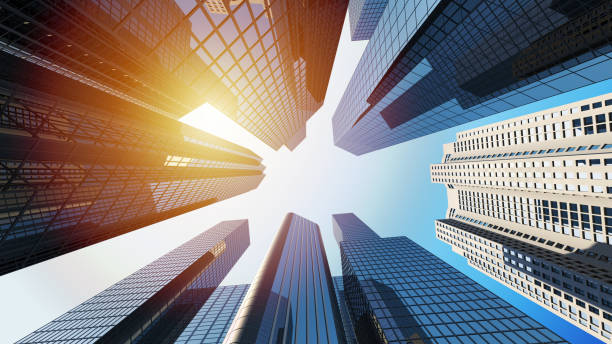 renderizado 3d de edificios corporativos con luz solar - new york city fotografías e imágenes de stock