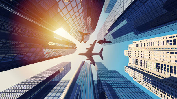 3d Rendering of corporate buildings with plane flying