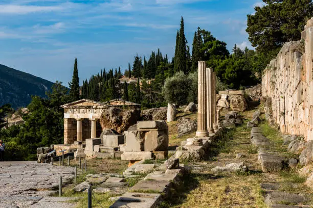 Altar of Chiots and Temple of Apollo in archaeological site of Delphi, Greece