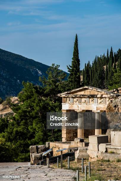 Temple Of Apollo And Altar Of Chiots In Delphi Greece Stock Photo - Download Image Now