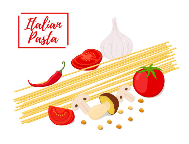illustrazioni stock, clip art, cartoni animati e icone di tendenza di cartone animato vettoriale pasta italiana, pomodori freschi - ragù