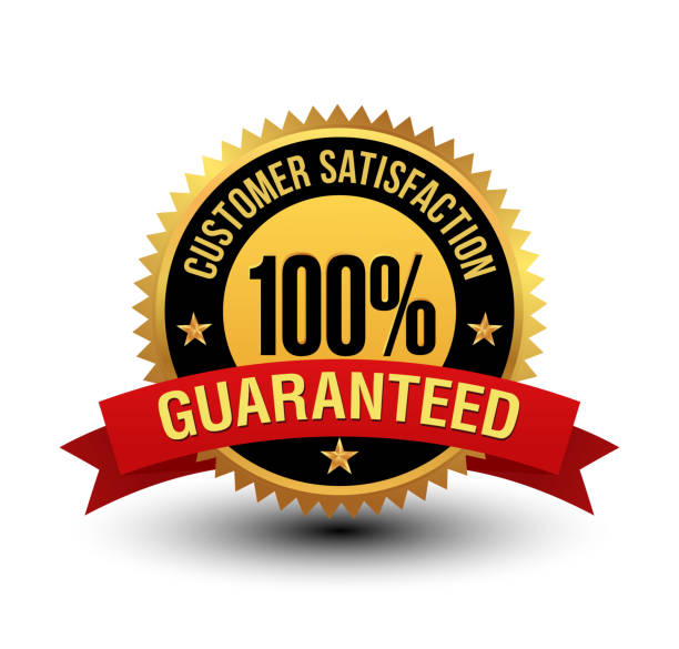 Powerful 100% customer satisfaction guaranteed badge with red ribbon. This 100% satisfaction guarantee badge will convey/support that, your product/service are completely reliable & authentic. By this badge customer will know that this product/service will meet there expectation. service stock illustrations