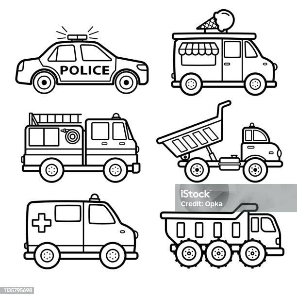 Outline Vehicles Vector Icon Set Stock Illustration - Download Image Now - Icon Symbol, Ice Cream Truck, Police Car