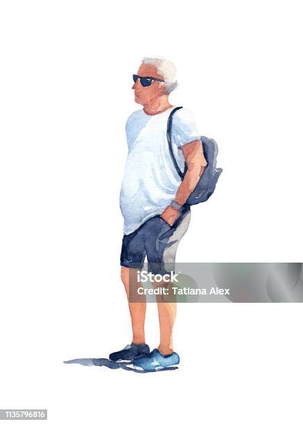 Man In Black Sunglasses White Tshirt Gray Shorts And Blue Sneakers With A Black Backpack On His Back On A Sunny Day Watercolor Illustration Stock Illustration - Download Image Now