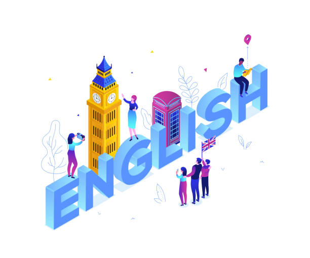 englische sprache-moderne, farbenfrohe isometrische vektorillustration - big ben isometric london england famous place stock-grafiken, -clipart, -cartoons und -symbole