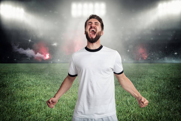 Soccer player celebrates his goal in a full soccer stadium stock photo