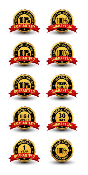 illustrations, cliparts, dessins animés et icônes de badges dorés et ruban rouge couleur 100% de garantie de satisfaction badges. - guarantee seal