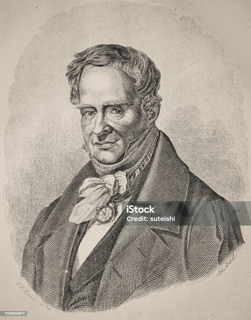 Alexander von Humboldt - Illustration from 1848 history, vintage, illustration, retro style,  18th Century Style, old, Alexander von Humboldt, Portrait, Chemistry stock illustration