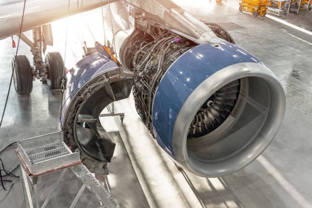 istock Aircraft engine with open hood flaps, for service, repair. 1135802067