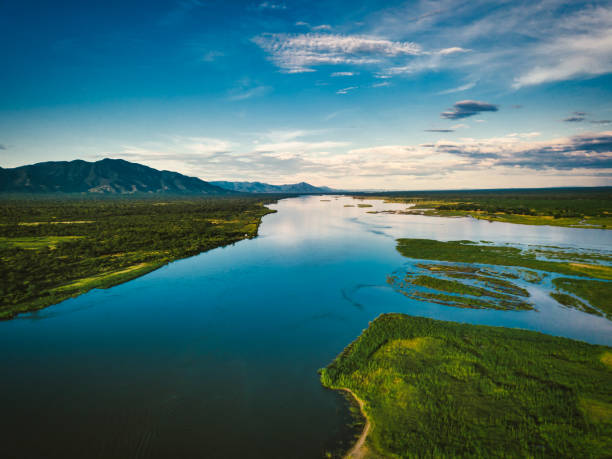 luftaufnahme auf den zambezi unter blauem himmel - flussinsel landform stock-fotos und bilder