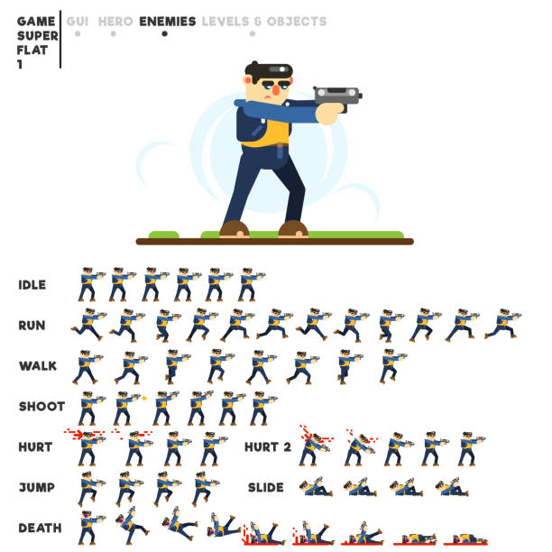 Animation of a sporty guy with a pistol for creating a video game Animation of a sporty guy with a pistol for creating a video game. Idle, run, walk, shoot, hurt, hurt two, jump, slide, death. walking animation stock illustrations