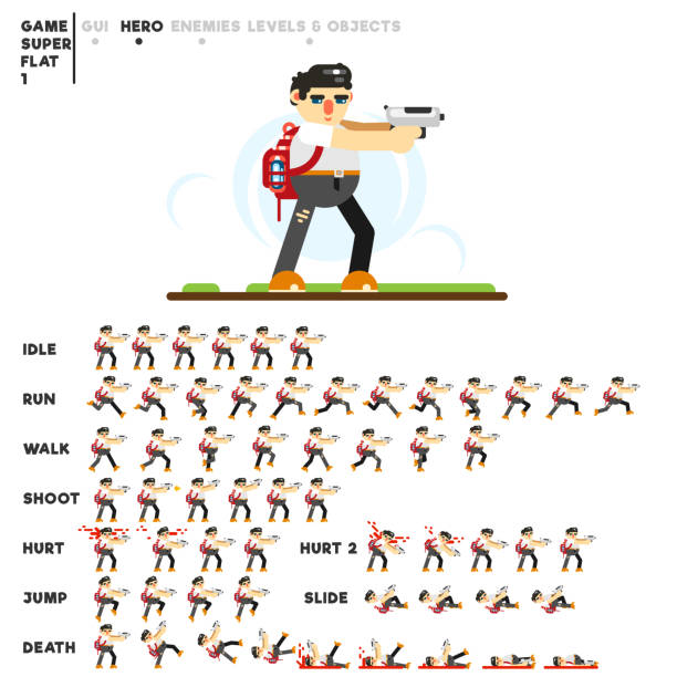 Animation of a guy with a pistol for creating a video game Animation of a guy with a pistol for creating a video game. Idle, run, walk, shoot, hurt, hurt two, jump, slide, death. walking animation stock illustrations