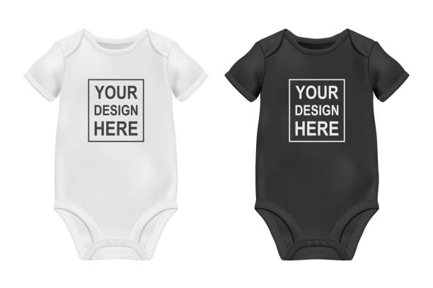 vektor realisztikus fehér és fekete blank baby bodysuit sablon, makett közelkép elszigetelt fehér. elöl és hátul. testgyerekek, babaing, onesie. kiegészítők, ruhák újszülötteknek. felülnézet - kezeslábas témájú stock illusztrációk