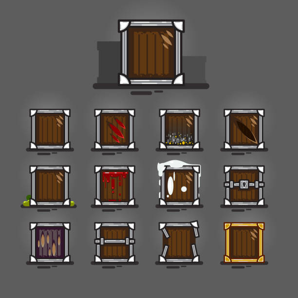Brown crates for video games Set of twelve brown crates for creating video games. grand singe stock illustrations
