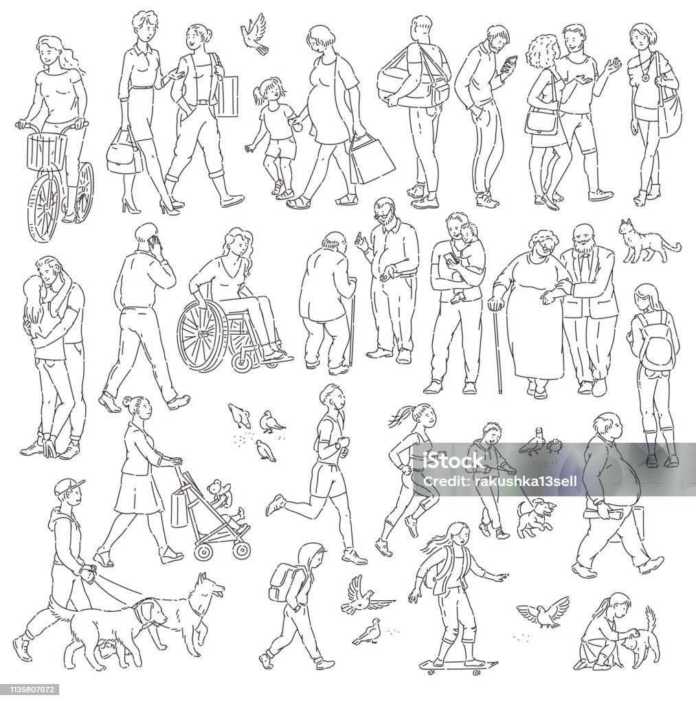 Vector walking urban crowd on street in city. Children and adults in various situations. Woman with kids people with dogs pigeons bicyclist and other characters black white line art. Vector walking urban crowd on street in city. Children and adults in various situations. Woman with kids people with dogs pigeons bicyclist and other characters black white line art People stock vector