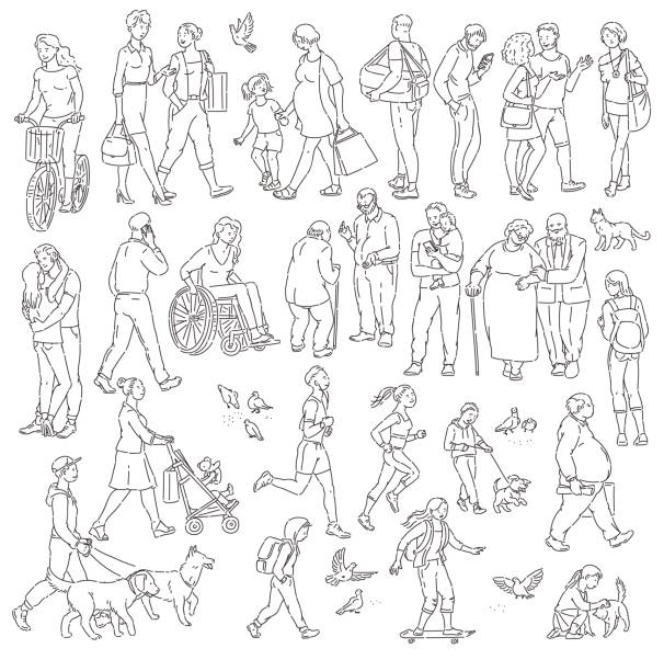 Vector walking urban crowd on street in city. Children and adults in various situations. Woman with kids people with dogs pigeons bicyclist and other characters black white line art. Vector walking urban crowd on street in city. Children and adults in various situations. Woman with kids people with dogs pigeons bicyclist and other characters black white line art walking drawings stock illustrations