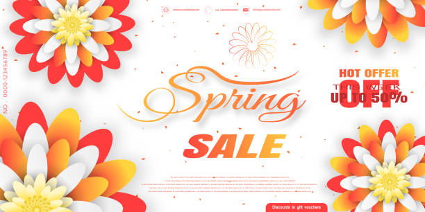Vector wide promotional poster of Spring Sale on the white background with yellow and red flowers and text. Vector wide promotional poster of Spring Sale on the white background with yellow and red flowers and text. 2590 stock illustrations