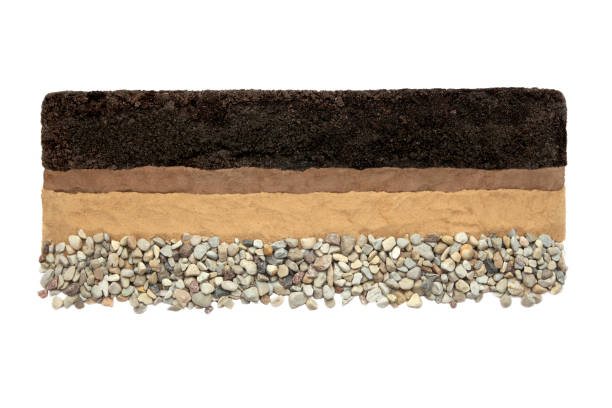 camadas do solo: húmero, argila, areia e pedras isoladas no fundo branco. - pebble bed - fotografias e filmes do acervo
