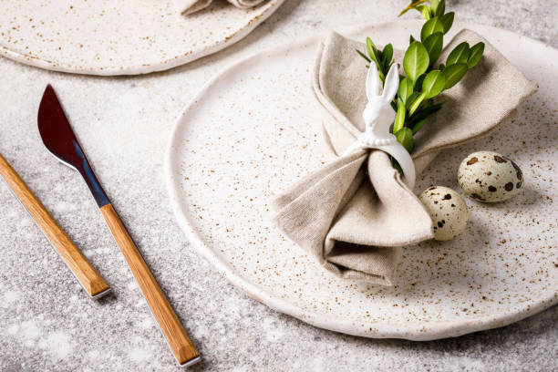 istock Easter table setting  on on gray background. Holiday decoration.Happy Easter concept. Copy space for Text. 1135818024