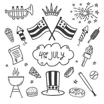 4th of July Independence Day. Vector Doodle Set.