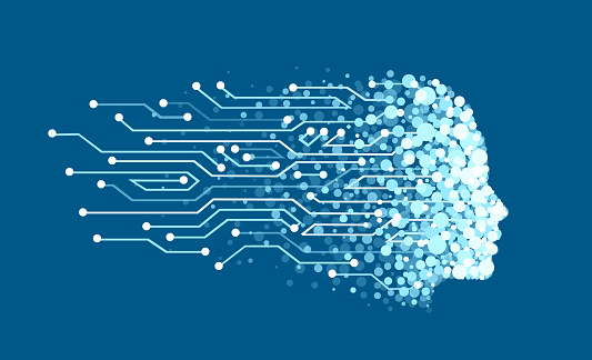 Vector of a face made of digital particles as symbol of artificial intelligence and machine learning. Abstract human head outline with circuit board. Technology and engineering concept