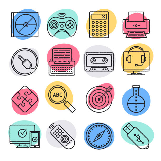 Mobile Gamification Learning System Doodle Style Vector Icon Set Mobile gamification learning system doodle style concept outline symbols. Line vector icon sets for infographics and web designs. gamification badge stock illustrations
