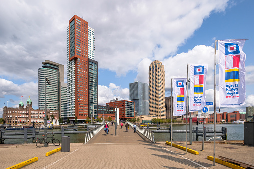 View of the Kop van Zuid and Rijnhaven bridge. A relatively young district, located on the south bank of the Nieuwe Maas opposite the city center of Rotterdam.