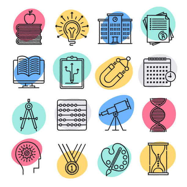 szkoły & rozwój poznawczy doodle styl vector icon set - book working college student classroom stock illustrations