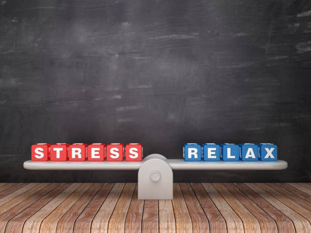 istock Seesaw Scale with STRESS RELAX on Chalkboard Background - 3D Rendering 1135820636