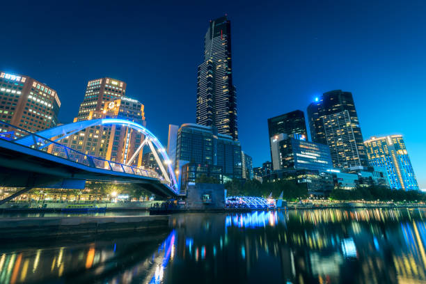 16th March, 2018 - Melbourne, Victoria, Australia: Night time skyline and Yarra river in Melbourne, Australia