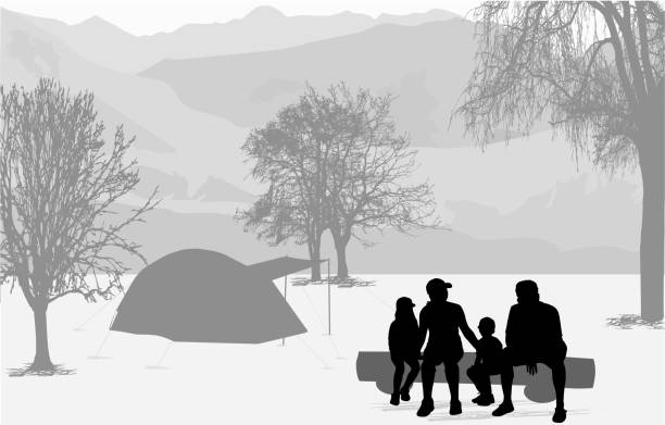 rodzina na wakacjach - camping w górach. - mountain landscape mountain peak small stock illustrations