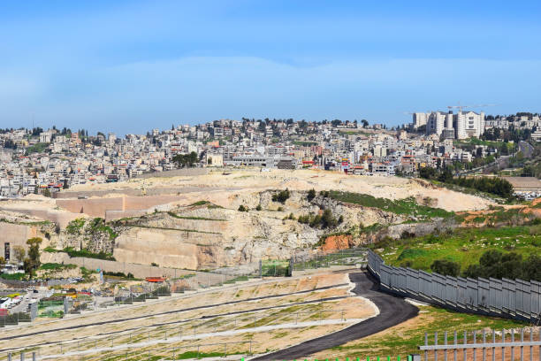 Jerusalem, Israel - April 15, 2018: panoramic view from mount of olives to old town of Jerusalem