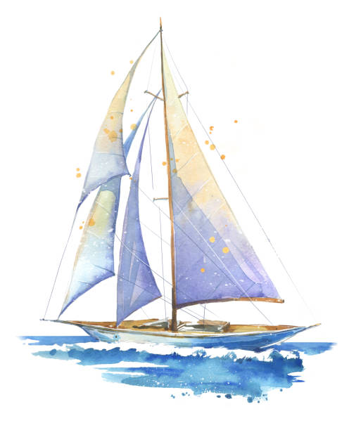 żaglówka, ręcznie malowana ilustracja akwarelowa - sailboat stock illustrations