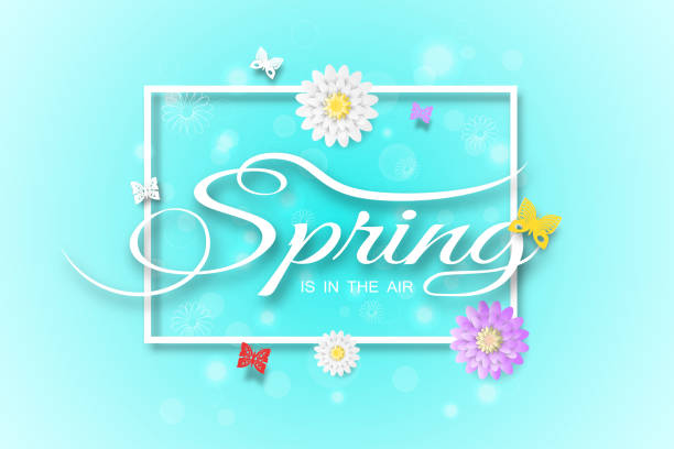 ilustrações de stock, clip art, desenhos animados e ícones de vector wide poster of spring is in the air on the gradient blue background with square frame, glow, flowers and butterflies arrange on the center. - 2586