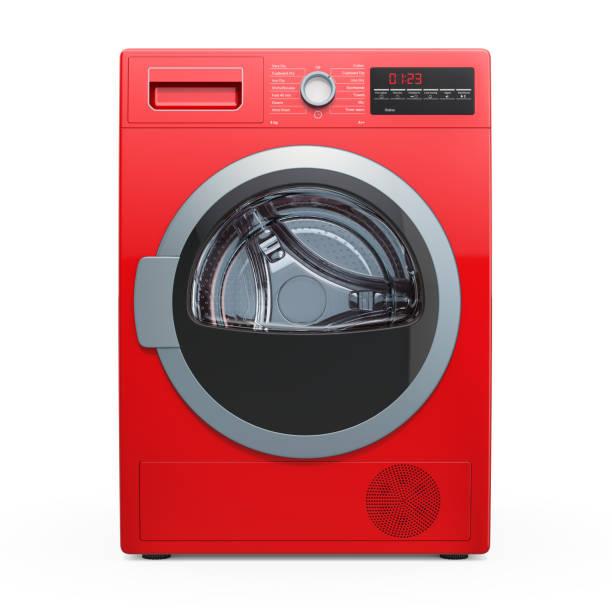 Red clothes dryer, front view. 3D rendering isolated on white background Red clothes dryer, front view. 3D rendering isolated on white background tumble dryer stock pictures, royalty-free photos & images