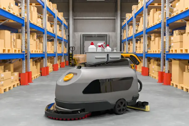 Floor Scrubber Dryer on warehouse, 3D rendering