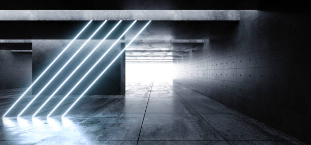 istock Vertical Tilted Laser Neon Lights Grunge Concrete Modern Empty Space Garage Underground Tunnel Gallery White Blue Cinematic Glowing Shadows Dark And Bright Tiled Floor 3D Rendering 1135829496