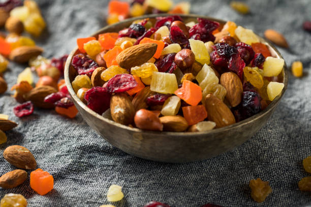Healthy Dried Fruit and Nut Mix Healthy Dried Fruit and Nut Mix with Almonds Raisins Cranberries Trail Mix with Dried Fruits and Seeds stock pictures, royalty-free photos & images