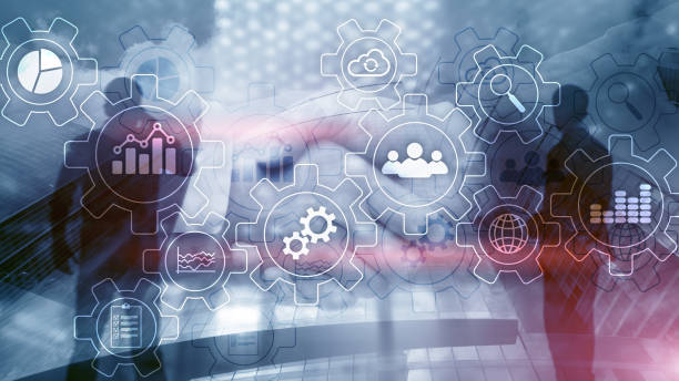 istock Business process abstract diagram with gears and icons. Workflow and automation technology concept. 1135830861