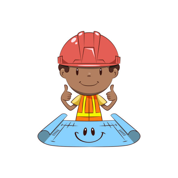 Architect, little boy thumbs up showing smiling blueprint child architect blueprint, happy face, engineer, hardhat, occupation, cute kid, thumbs up, hand gesture, young man, person, confident, male, builder, construction, worker, cartoon character, vector illustration isolated, white background architect illustrations stock illustrations