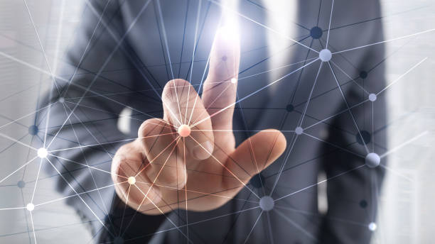 istock Blockchain network on blurred skyscrapers background. Financial technology and communication concept. 1135831039