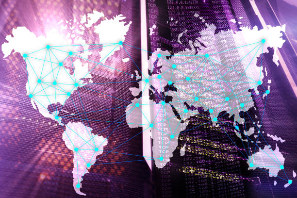 istock Internet and telecommunication concept with world map on server room background. 1135831058