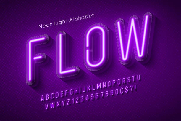 ilustrações de stock, clip art, desenhos animados e ícones de neon light alphabet, multicolored extra glowing font. - neon