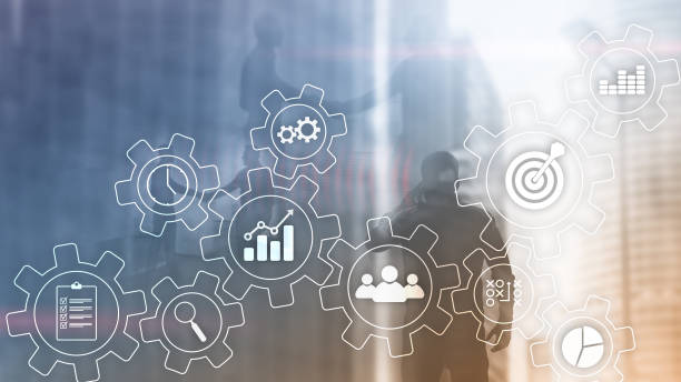 istock Business process automation concept. Gears and icons on abstract background. 1135832434