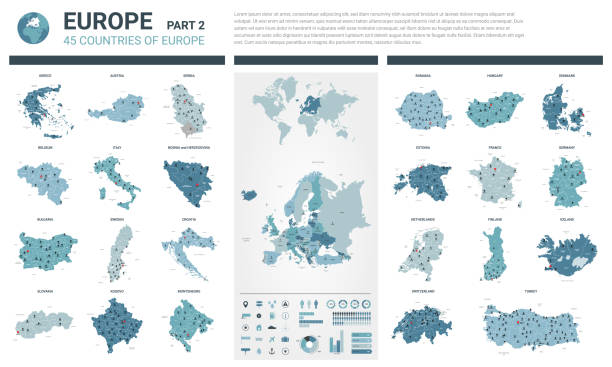 zestaw map wektorowych.  high szczegółowe 45 mapy krajów europejskich z podziałem administracyjnym i miast. mapa polityczna, mapa kontynentu europejskiego, mapa świata, kula ziemska, elementy infografiki.  część 2. - bulgaria map balkans cartography stock illustrations