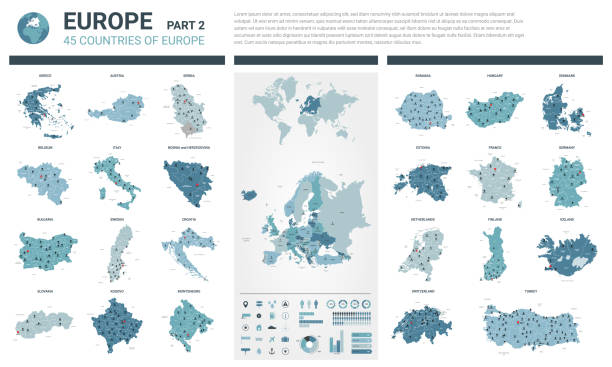 Vector maps set.  High detailed 45 maps of European countries with administrative division and cities. Political map, map of Europe continent, world map, globe, infographic elements.  Part 2. Vector maps set.  High detailed 45 maps of European countries with administrative division and cities. Political map, map of Europe continent, world map, globe, infographic elements.  Part 2. balkans stock illustrations