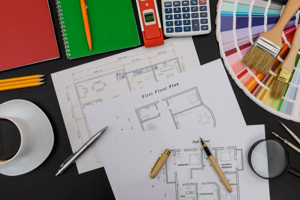 カラースウォッチとペインティングツールを備えたハウスプラン - design color swatch plan painting ストックフォトと画像
